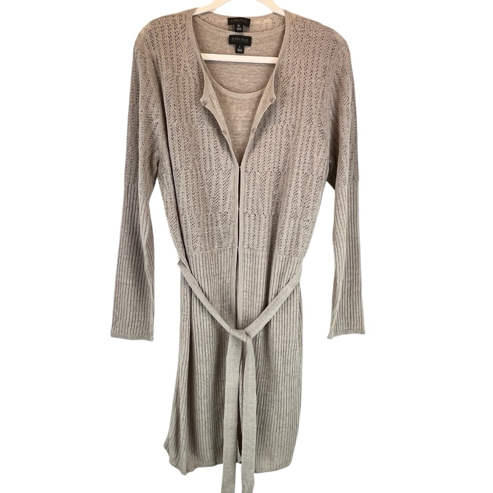 Carlisle Collection Cardigan Sweater SET Linen Blend Taupe Open Knit Semisheer L